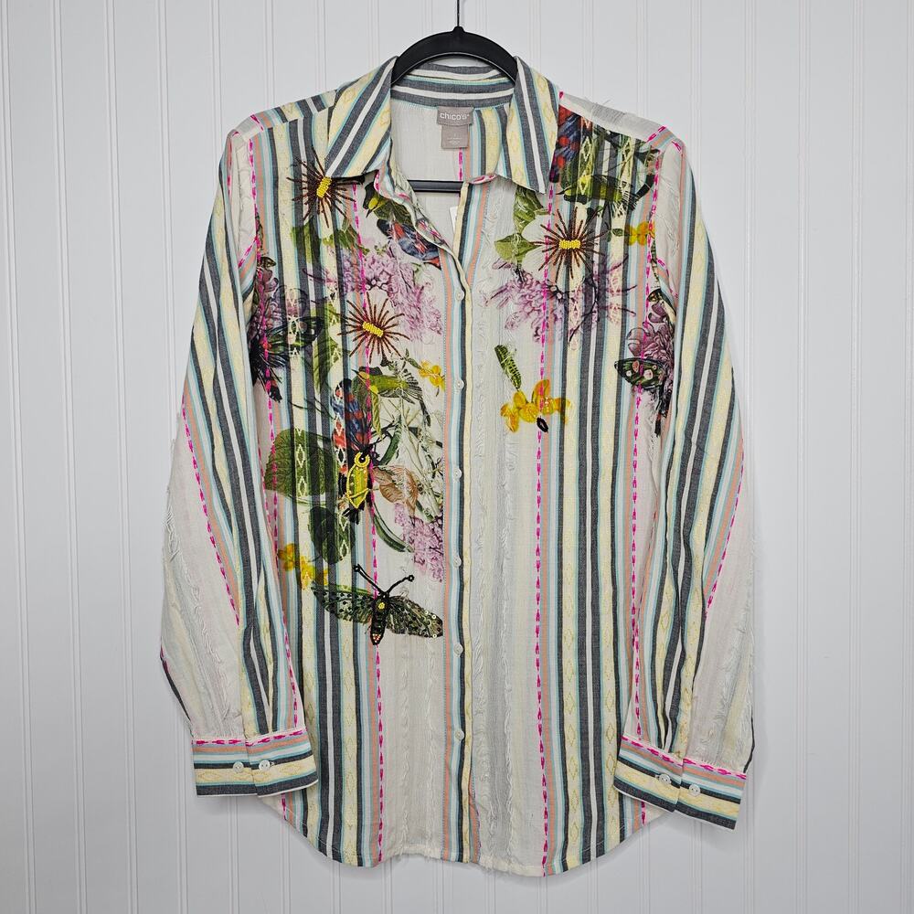 Chico's Women's Printed Embellished Floral Top Size 8 Embroidered Beaded Striped - Picture 11 of 11